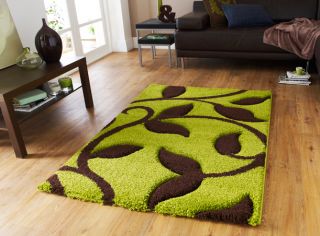 THICK LIME GREEN CHOCOLATE BROWN CARVING DESIGN SHAGGY RUG 120x170cm