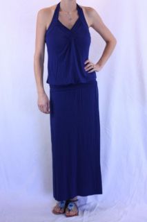 NWT LinQ Blueberry Halter Maxi Dress Jersey Knit Ruched Banded Waist