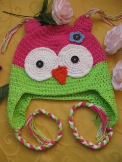 Hot Pink with Green Lime Owl Crochet Hat Newborn 20 Yrs