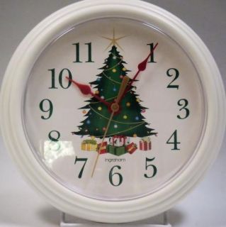 Ingraham White Round Wall Clock Green Christmas Tree Presents 8 75