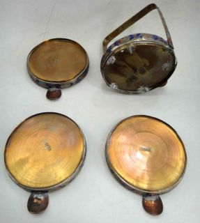 Vintage Brass Enamel Ashtray Set Carrier Made in China