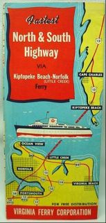 1955 Road Map Virginia Ferry Kiptopeke Little Creek