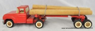 Vintage Structo Red Dualies Pickup Truck and Log Pulp Trailer Pressed