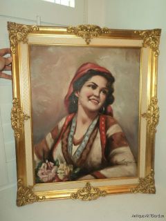 Vintage Oil Portrait Italian Gypsy Woman Signed 1950S