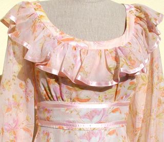 VTG 70s Prairie Hippie Boho Long Sheer Dress Pink Ribbon Trim Frill