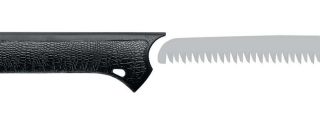 Pull the 10 inch saw from the axe handle to cut shrubs, tree limbs