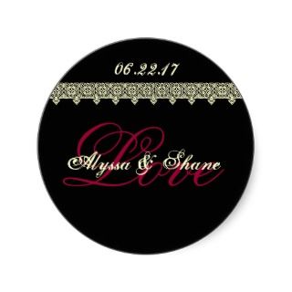 BLACK RED IVORY Lace LOVE Bride & Groom & Date Round Sticker