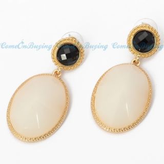 Black Stud White Oval Beads Drop Loop Dangle Earrings Jewelry