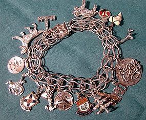 Vintage Sterling Double Link Charm Bracelet w 16 Charms