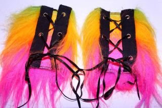 Corset Style Lace Up Furry Neon Rainbow or Black Wrist Cuffs Rave