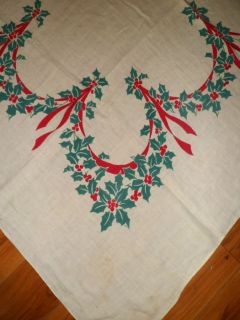 Vintage 40s Cotton Linen Christmas Tablecloth Poinsettias and Ribbons