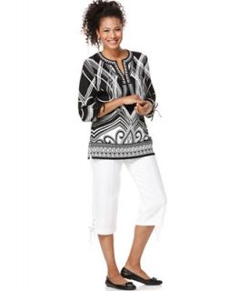 JM Collection Three Quarter Sleeve Printed Linen Tunic & Cropped Linen
