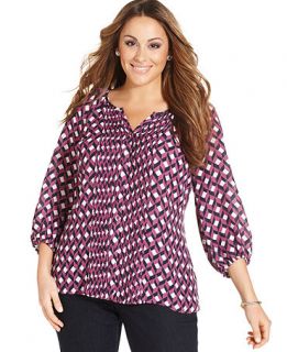 Charter Club Plus Size Top, Three Quarter Sleeve Printed Pintucked