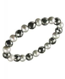 Pearl Bracelet, Faceted Hematite and Grey Cultured Freshwater Pearl