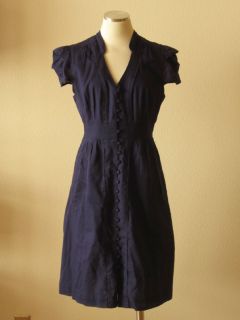 Anthropologie Maeve Navy Blue Striped Cotton Pleated Shirt Dress M