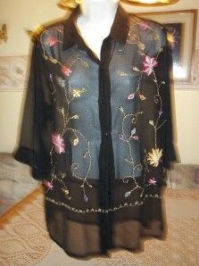 April Cornell Black w Embroidery Sheer Tunic Blouse L