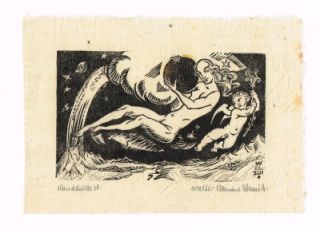 Libris German Artist Walter C. Schmidt Original Woodcut Cherubs Angels