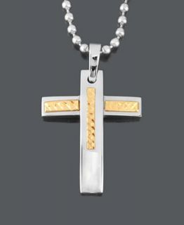 Mens Stainless Steel and 14k Gold Necklace, Cross Pendant