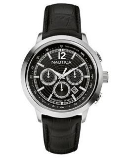 Nautica Watch, Mens Chronograph Black Croco Leather Strap 44mm