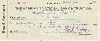 Brick Owens Signed Check Umpire D 1949 Babe Ruth