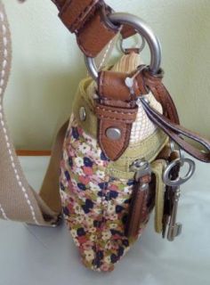 Fossil Maddox Top Zip Floral Brown Multi Leather Trim Crossbody