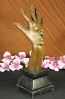 Original Abstract Hand W/ Face Bronze Marble Statue Marble Base