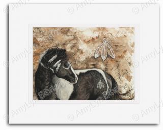 Majestic Mustang Pinto Horse Native American Feathers ArT Nagi  Matted