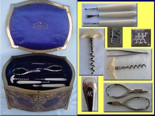 wooden box containing a manicure jewellery dresser set contents of