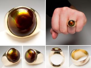 Mens Large Fire Agate Ring Round Cabochon Solid 14k Gold Heavy Estate