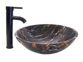 Black Marble Stone Bathroom Vessel Sink Bronze Faucet