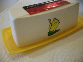 Vtg Yellow White Plastic Butter Dish Tray Holder Tulip Design New Old