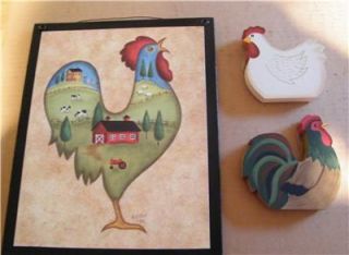 3pc Rooster Chicken Country Folk Art Saltbox Home Decor