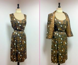 Vintage 1950s Cocktail Dress Brown Silk and Matching Jacket by HARVEY