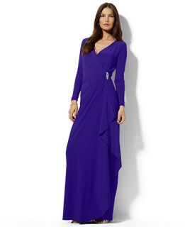Lauren Ralph Lauren Petite Dress, Long Sleeve Draped Jersey Gown