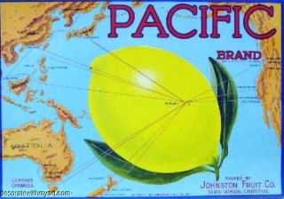 Old Nautical Map Theme Pacific Brand Lemon Crate Label 1930s Santa