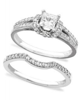 Engagement Ring and Wedding Band, 14k White Gold Diamond Bridal Set (3