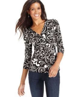 Cable & Gauge Top, Three Quarter Sleeve Printed Twist Front