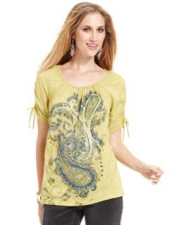 Style&co. Petite Top, Three Quarter Sleeve Ruched Printed   Womens