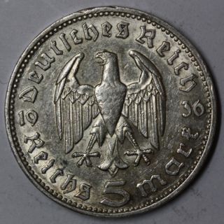 1936 J RARE Hamburg Nazi Germany 90 Silver 5 Mark Hitler Coin