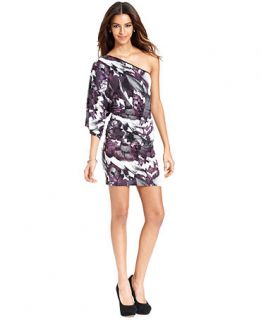 GUESS Dress, Shayna One Shoulder Feather Print Ruched   Womens Dresses