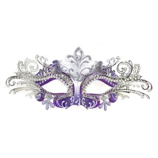 Venetian Purple Mask w Silver Metal Laser Cut and Crystals on Eyes