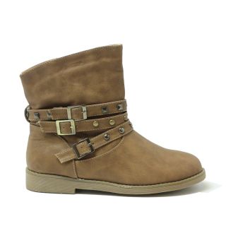 RUSSEL MATOS   CAMEL MID CALF STUDDED BUCKLE STRAP ROUND TOE FLAT BOOT