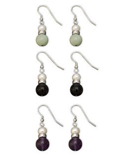 Sterling Silver Earrings, Cultured Freshwater Pearl and Jade, Onyx and