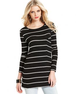 BCBGMAXAZRIA Top, Long Sleeve Scoop Neck Striped Pocket Tunic   Womens