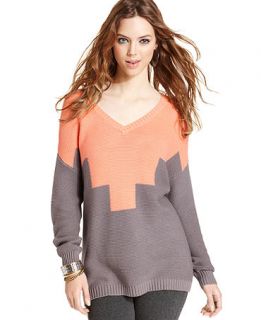 BCBGeneration Sweater, Long Sleeve Geometric V Neck   Womens Tops