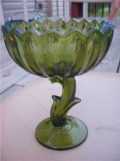 Vintage Deco Green Art Glass Footed Stem Comport Bowl