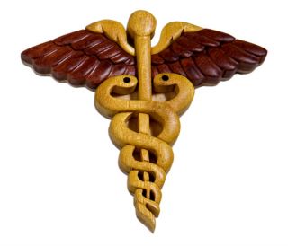 Medical Caduceus Hand Crafted Intarsia Wooden Wood Art Magnet New