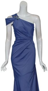 David Meister Sensuous Slate Blue One Shoulder Long Evening Gown Dress