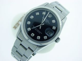 Mens Rolex Stainless Steel Date Watch w Black Diamond Dial