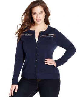 Charter Club Plus Size Sweater, Long Sleeve Lace Inset Cardigan   Plus